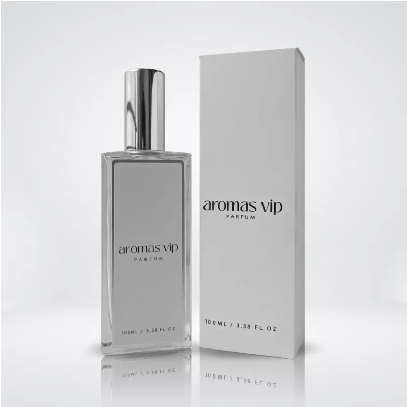 Frasco y caja de perfume aromas vip de 100 ml sobre fondo blanco